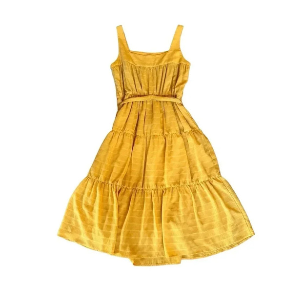 Slate & Willow Gauzy Tiered Layered Midi Tie Waist Dress Yellow Straps 2 RTR - Picture 4 of 11